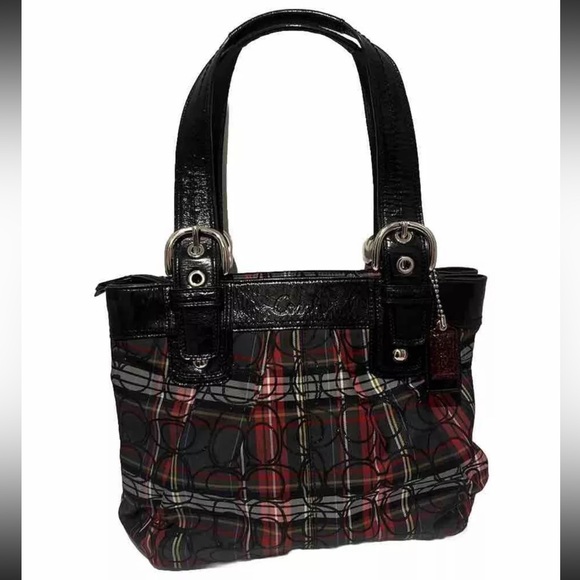 Signature Coach Poppy Bag Red And Black Plaid Shoulder Handbag Medium Size Purse - Picture 2 of 16